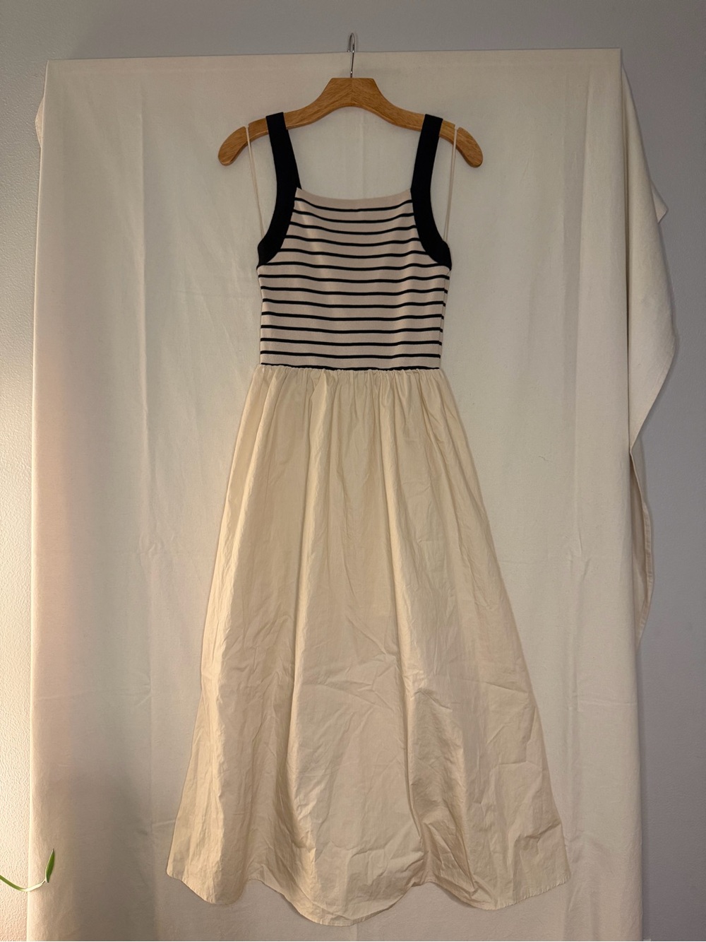 Workshop Republic Clothing Black-Striped Cream Midi Dress with Wide Straps